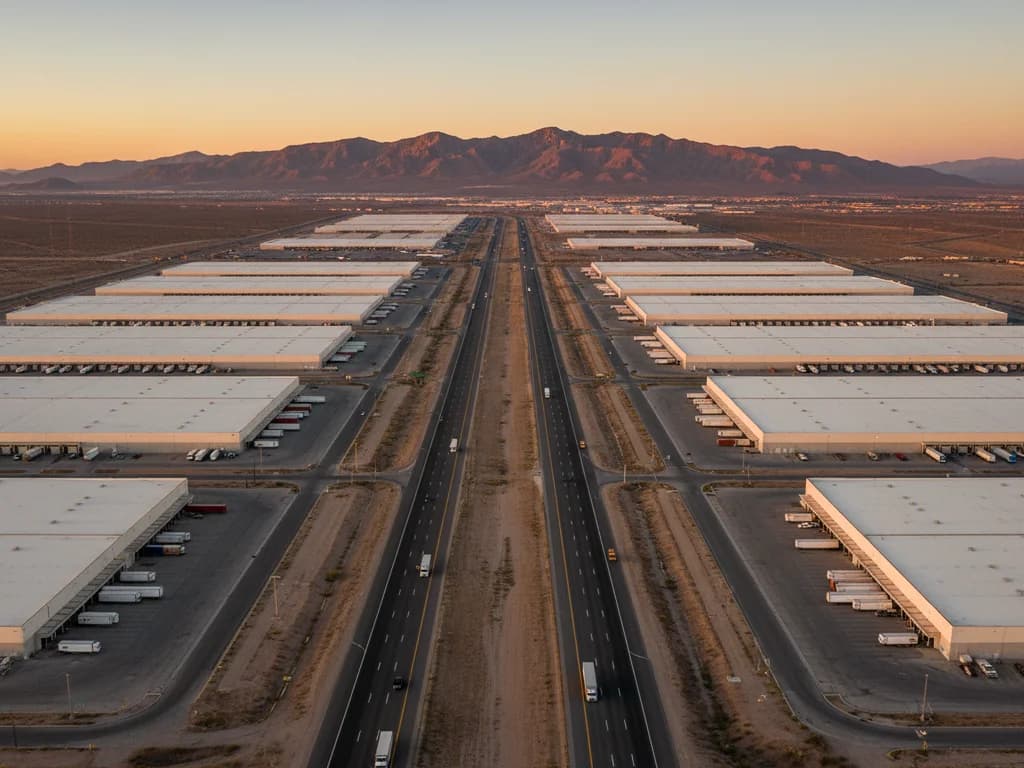 Aerial view of a U.S.–Mexico border industrial corridor at golden hour