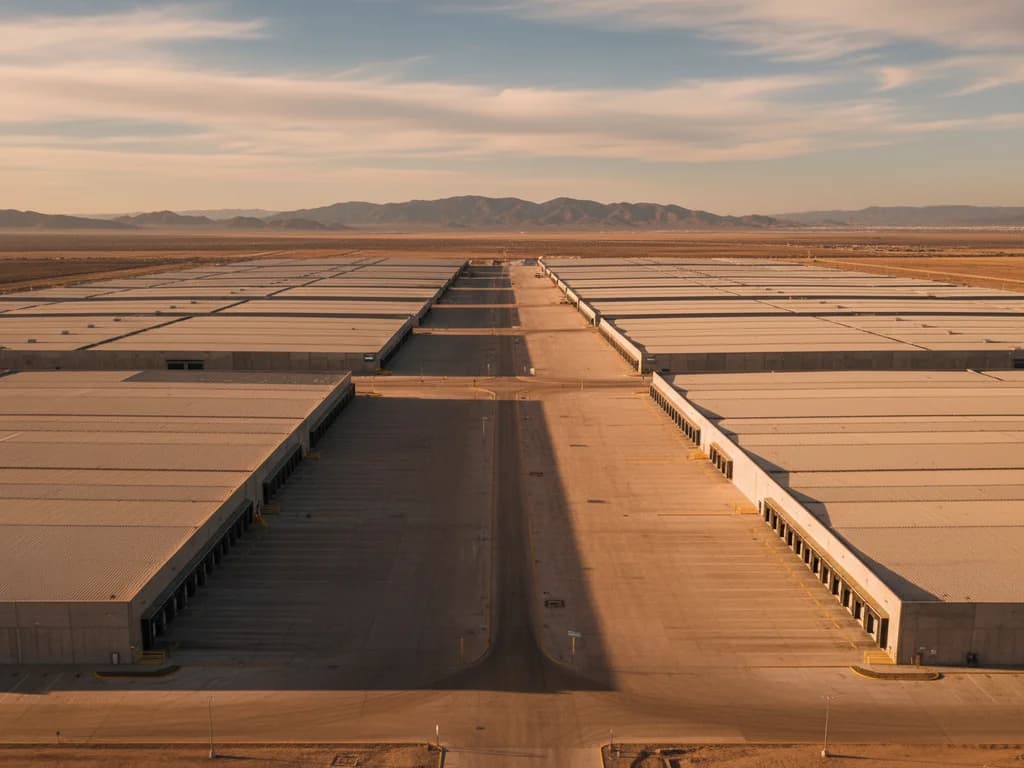 Aerial view of a vast industrial logistics park in northern Mexico at golden hour