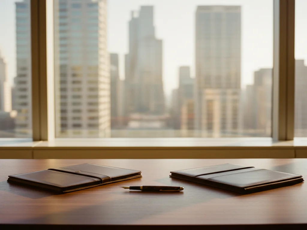 Two leather portfolios on a polished walnut desk with a faint U.S. city skyline through tall windows