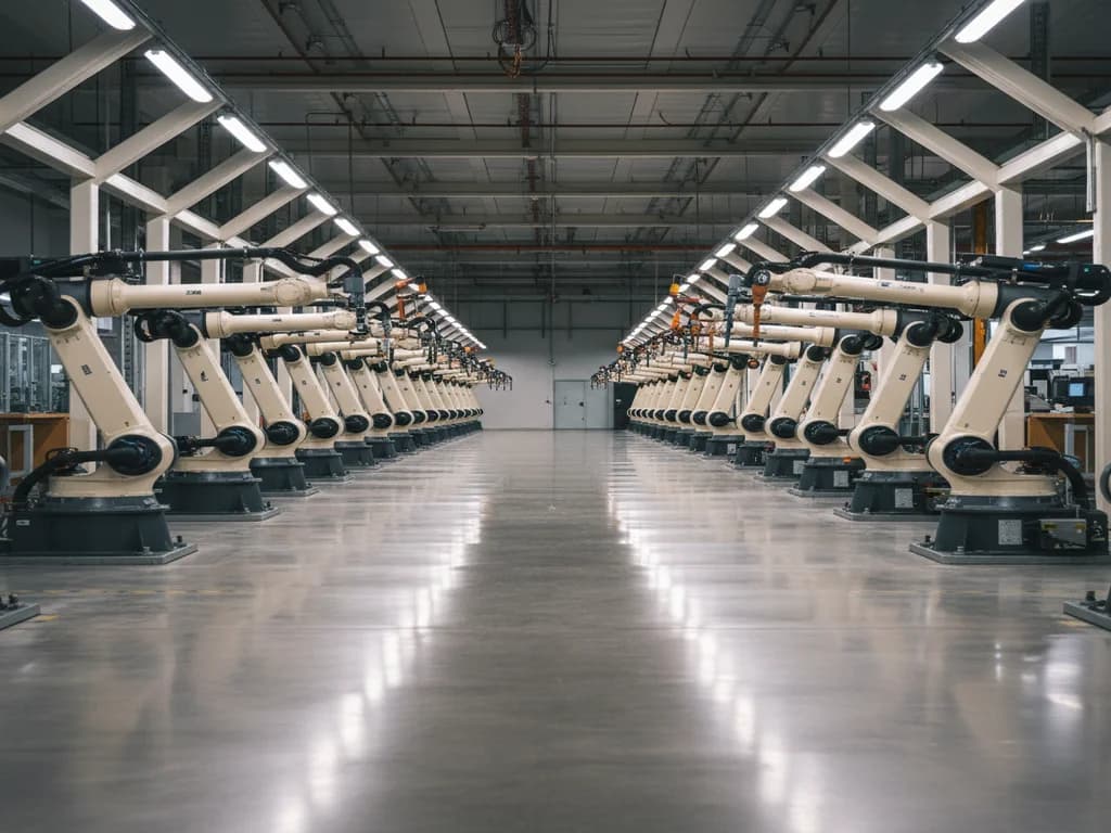 Modern automotive assembly line with rows of still robotic arms at end of shift