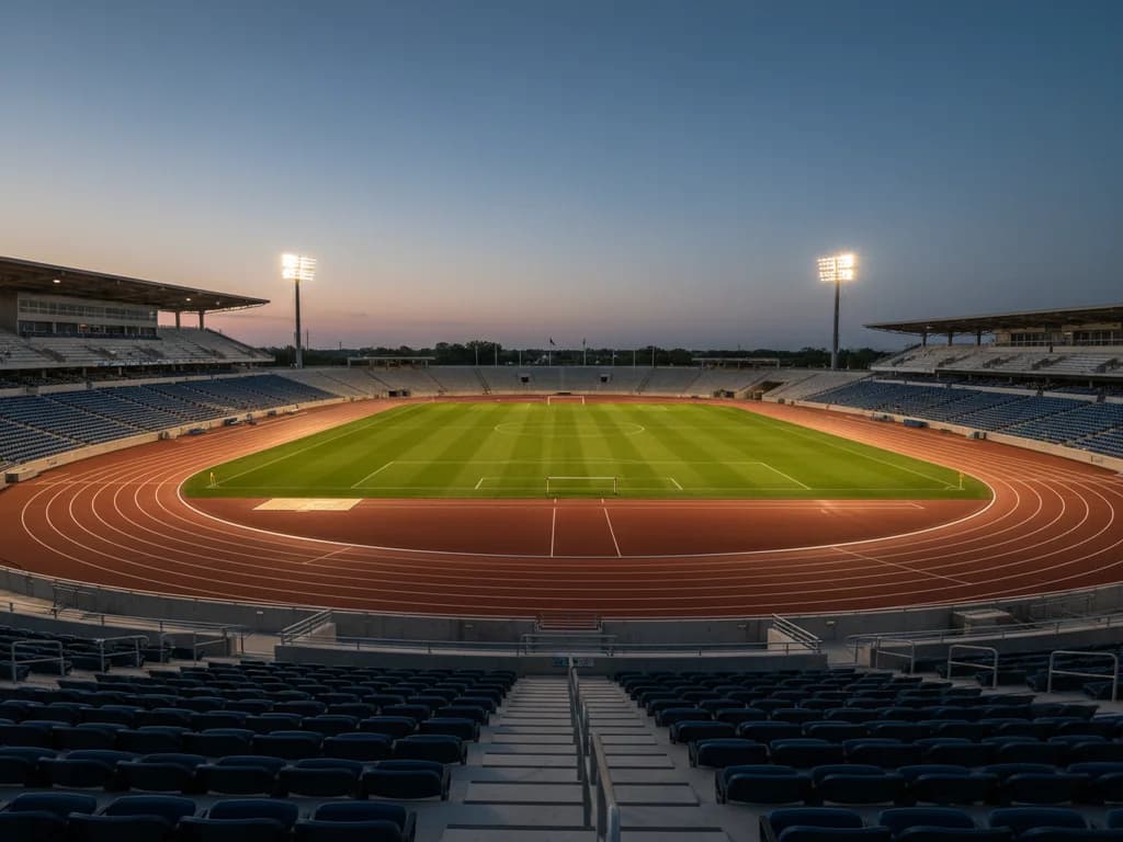 Empty collegiate athletics stadium at twilight with stadium lights warming up
