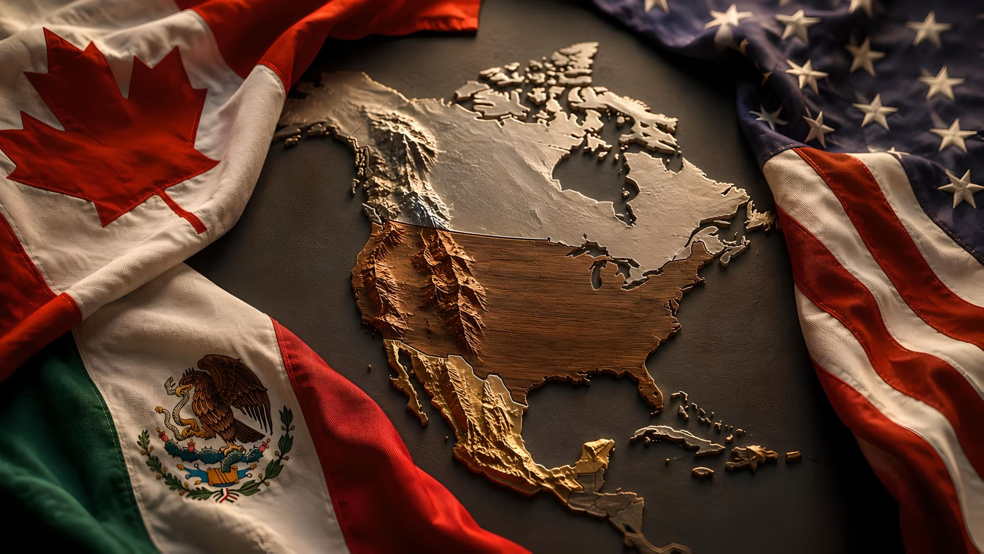 Gold relief map of North America framed by the Canadian, Mexican, and United States flags